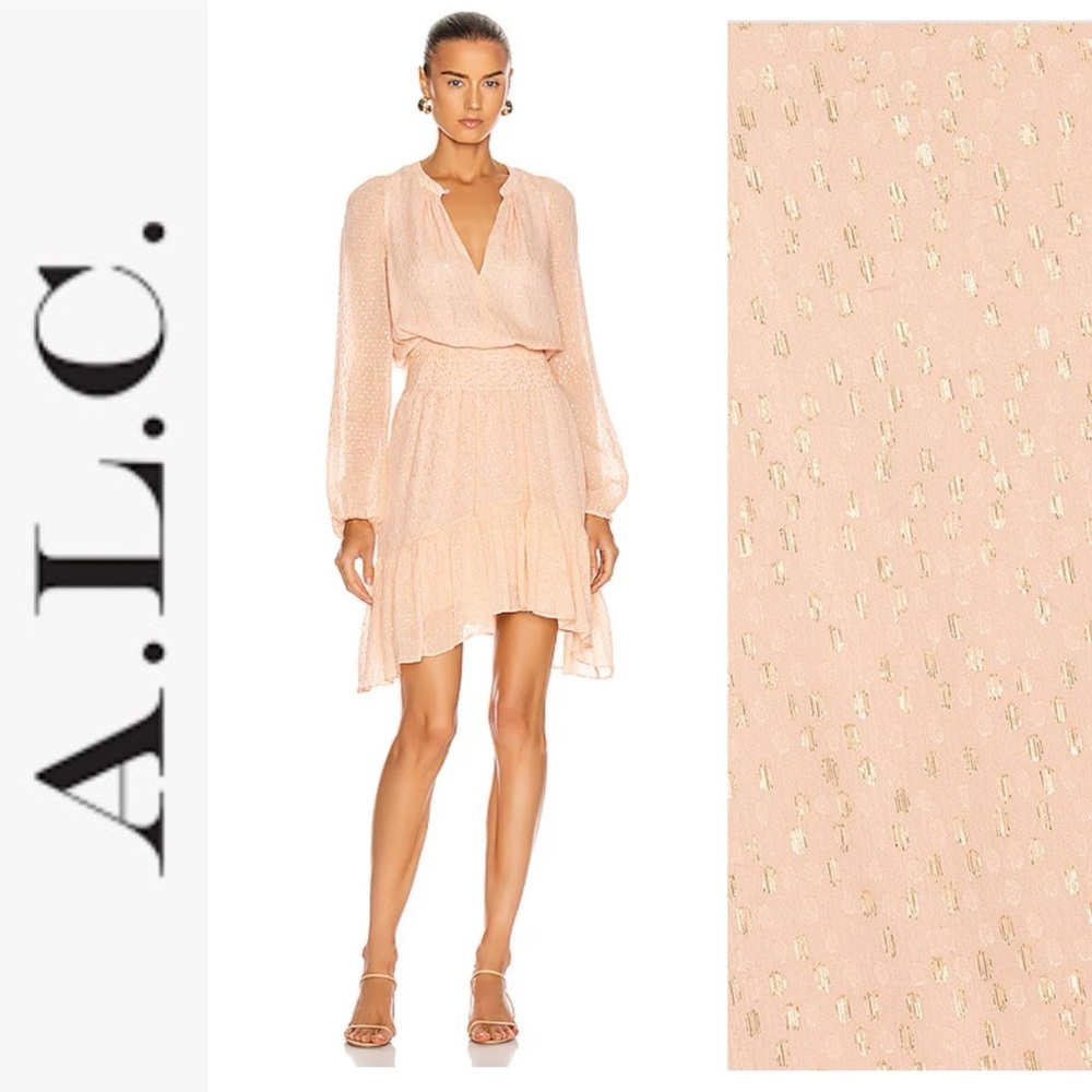 NWT A.L.C. Sidney Silk Dress in Pale Pink and Metallic Gold 0